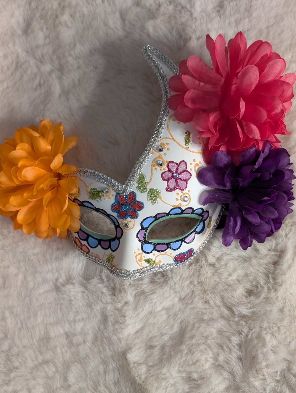 Floral Day of the Dead Mask - White with Pink, Purple & Orange Flowers